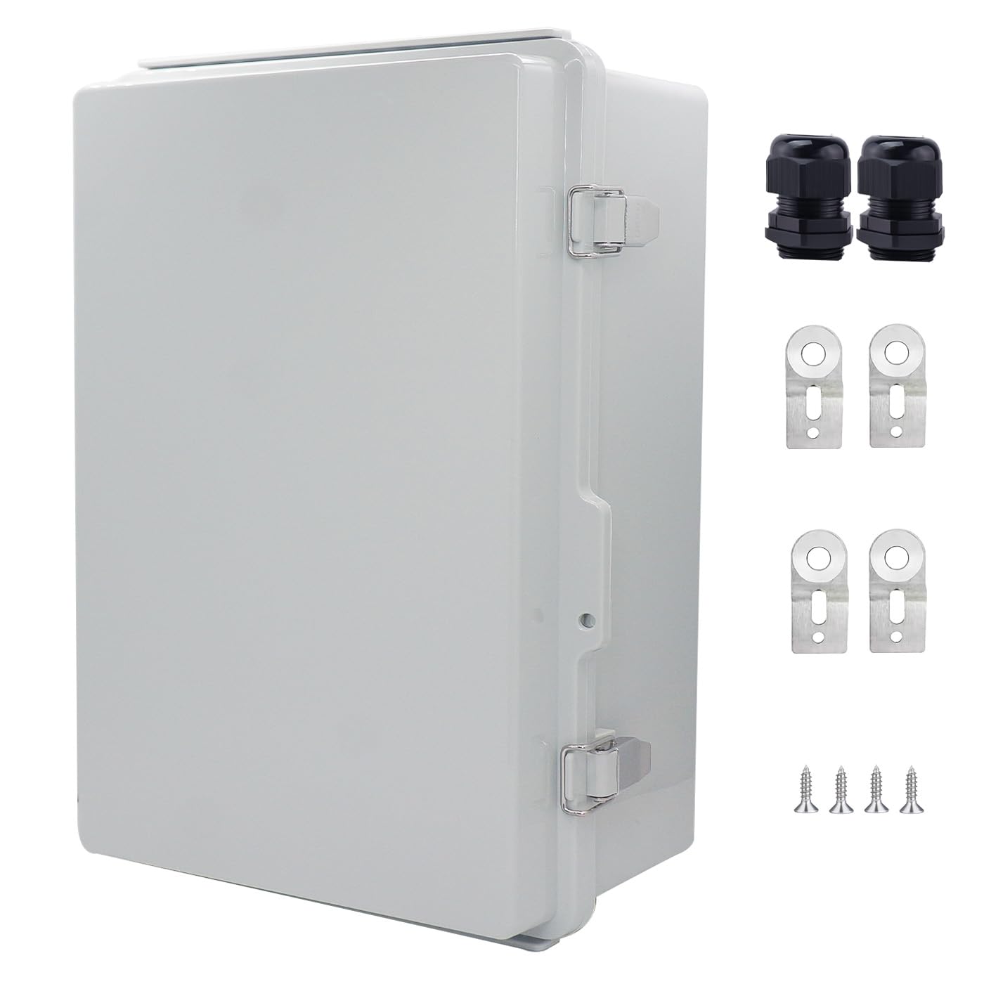 Photo 1 of IP67 Waterproof Junction Box, ABS Plastic Electrical Enclosure with Stainless Steel Latch, Hinged Cover Electric Box with Mounting Plate, Wall Brackets & Cable Glands 380x280x130mm