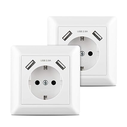 2 x USB Schuko Steckdose, 250V Steckdose mit 2 x USB(Max. 2800mhA), Laden aller mobilen Geräte Smartphone MP3 Passent in stan