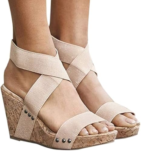 Haomigol Women Platform Wedge Sandals Elastic Ankle Strap Studded Open Toe Sandals Casual Summer 