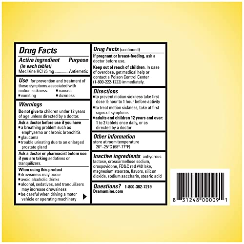 DRAMAMINE CHEWABLE LESS DROWSY, MOTION SICKNESS RELIEF, RASPBERRY CREAM FLAVOR, 12 COUNT, 2 PACK