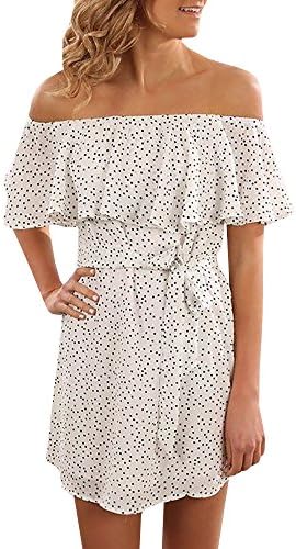 Pxmoda Women's Floral Print Red Dress Sexy Off Shoulder Layer Ruffle Mini Dress (Medium, White-1)