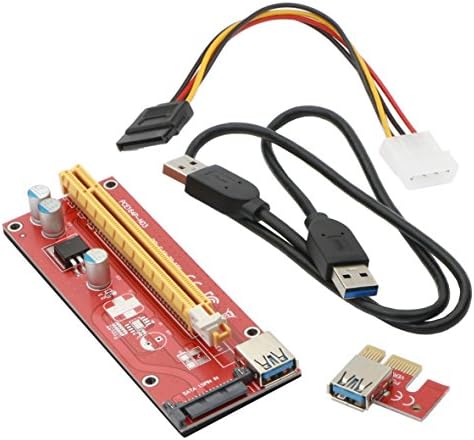 Red USB3.0 PCI Express PCI-E 1X to 16X Riser Card Adapter, with 15pin SATA Slot, 60cm USB 3.0 Extension Cable, 15pin SATA to Big 4Pin Power Cable
