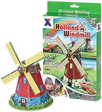MOURVE 3D DIY Windmill Puzzle, Buildings Graffiti Puzzle Children's Kit 10 Carton Puzzle Pieces with 5 Colored Pencils for Children from 3 years