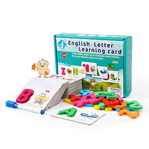 Flex Alphabet Flash Cards & Wooden Blocks, Wooden Montessori Educational Toy, 26 Flash Cards To Help Learning & Writing. Gift for 3 4 5 year