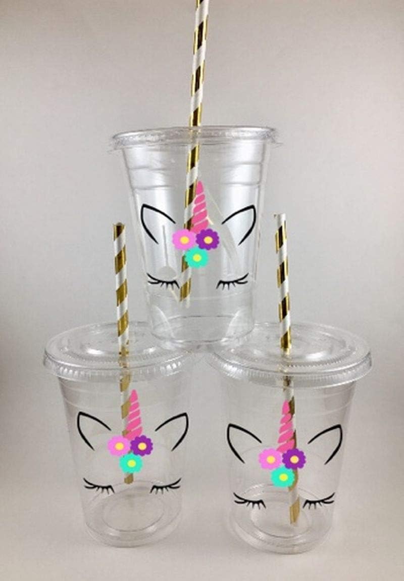 Unicorn Party Cups Disposable Set of 12 With Lids Straws