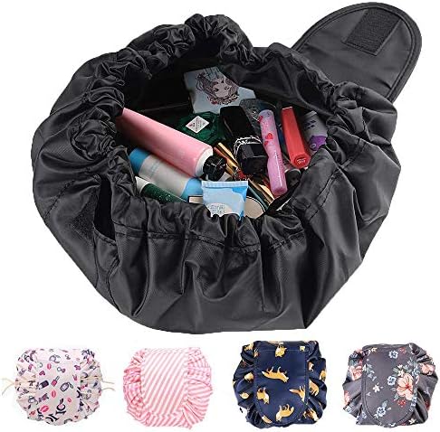 Drawstring Makeup Bag Portable Cosmetic Lazy Bag Toiletry Bag,Waterproof Travel Makeup Bag for Storage Organizer with Large Capacity for Women and Girls (Black)