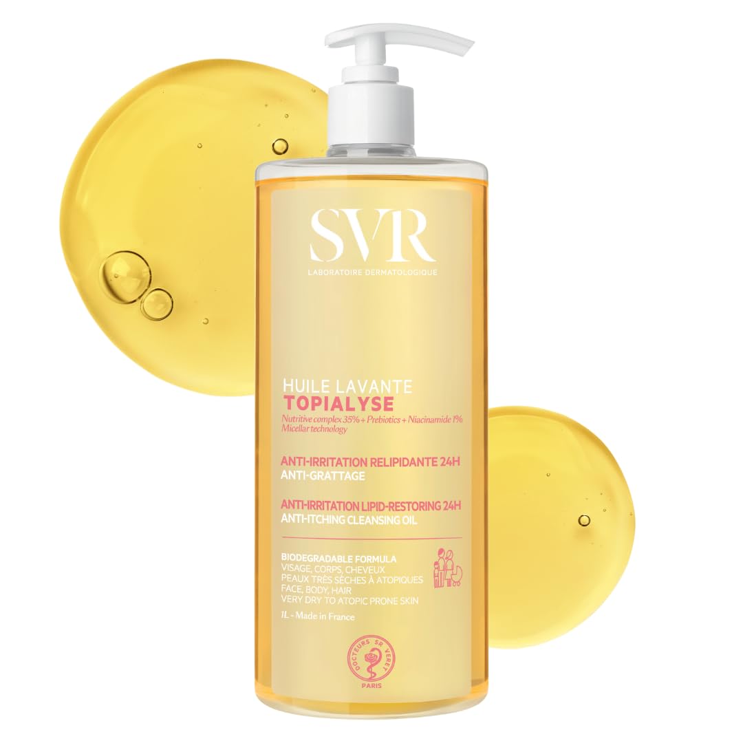 SVR TOPIALYSE All Over Micellar Shower Oil, Moisturising Eczema Body Wash, 24hr Hydration Emulsifying Soothing Bath Oil for Very Dry, Sensitive Skin, from Newborn and Up (1000ml, Pump Bottle)