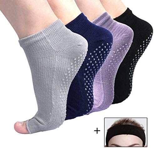 Grip Yoga Socks Non Slip,Cotton Toeless Ankle Non Skid Socks with Grips for Barre Bikram Pilates Dance Workout Pack of 4