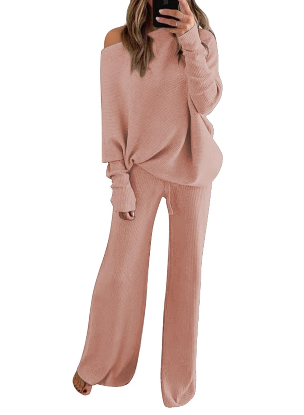 Photo 1 of *USED/DAMAGED** Fixmatti Women Sweater Set 2 Piece Outfits Long Sleeve Knit Pullover Tops High Waist Wide Leg Pants Lounge Sets Pink Purple L
