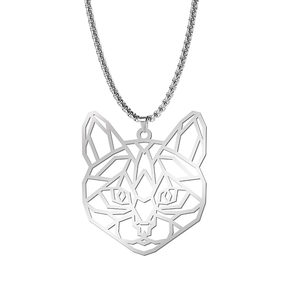 QIAMNI Hollow Cat Head Animal Stainless Steel Silver Gold Pendant Necklace for Women Men Premium Clavicle Chain Charm Personality Gift