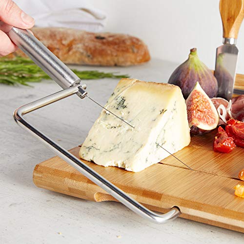 VonShef Bamboo Cheese Board Server Plate with Integrated Wire Cutter and 4 Piece Stainless Steel Cheese Knife Serving Utensil Set, wooden, with Gift Box