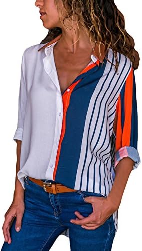 Silindashop Womens Blouses V Neck Color Block Stripes Button Up Blouse Casual Work Shirt Tops with Long Sleeve