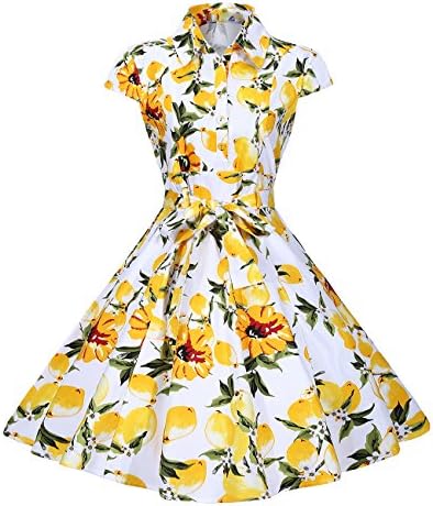 Lolichy Womens 1950's Retro Vintage Style Button Front Belted A-Line Cotton Shirt Dress