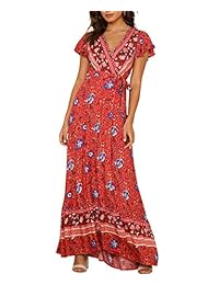 Vestido de mujer Boho con cuello en V, vintage, estampado floral, de manga corta, para fiesta de playa