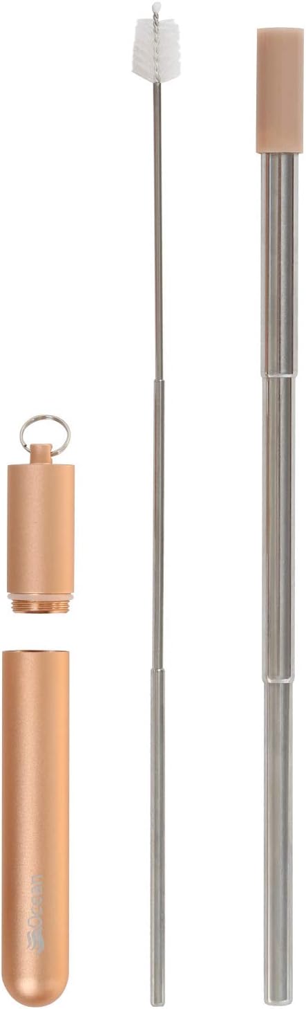 Portable, Stainless Steel telescopic collapsible drinking straws with stylish aluminum case, silicone tip for comfort and extendable cleaning tool. For travel or home. (Gold)
