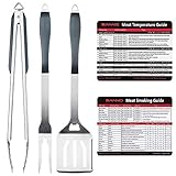 SANNO BBQ Grill Tools Set, Heavy Duty Grill Sportula (Spatula), Fork, Tongs - Stainless Steel Grilling Accessories with Smoking & Temperature Guide, Best for Barbecue & Grill