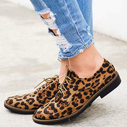 Hunzed Women【Suede Leopard Lace-Up Shoes】Women Oxford Flats Closed Round Toe Slip On Low Heel Platform (6 M US, Brown) - Thumbnail 6