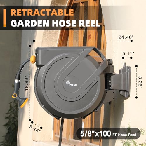 Retractable Garden Hose Reel 5/8 in x100 ft, Heavy Duty Wall Mounted Hose Reel with 10- Function Sprayer Nozzle, Any Length Lock/Automatic Slow Return System,180° Swivel Bracket