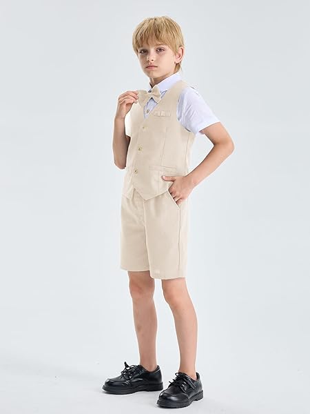 LOLANTA BOYS LINEN SUIT 4 PIECE SUMMER GENTLEMAN OUTFIT KIDS DRESS VEST SHIRT SHORTS SET FOR WEDDING GRADUATION(BEIGE,10-11)