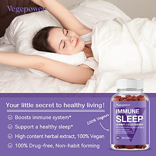 VEGEPOWER Immune Sleep Gummy - Melatonin & Elderberry, Echinacea, L-theanine, Lemon Balm, Zinc, Vitamin C, Immune and Sleep Support for Adults, Vegan - Rasp Flavor, 60 Bears