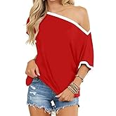 LEEDYA Off The Shoulder Tops for Women Summer Sexy Short Sleeve Color Block T-Shirts Casual Oversized Batwing Tunic Top