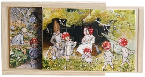 Hjelms Elsa Beskow Tomtebobarnen Children of The Forest Jigsaw Puzzle Set in Wooden Box (4 Puzzles - 12 Pieces Each)