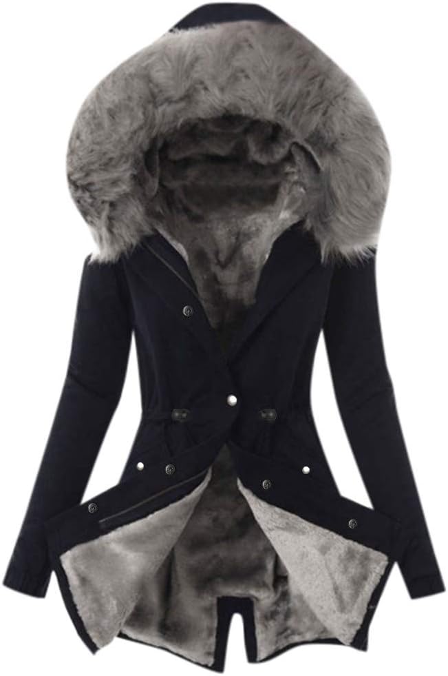 Ellymi Ladies Faux Fur Lining Coat Womens Winter Warm Thick Long Jacket Hooded Overcoat Fashion Trench Coat Jacket