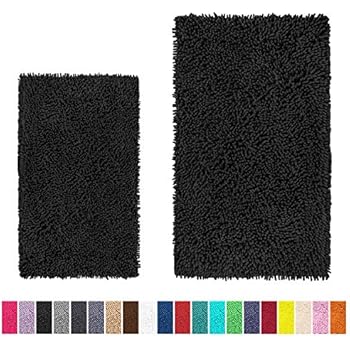 LuxUrux Bathroom Rug Set-Extra-Soft Plush Bath mat Shower Bathroom Rugs,1'' Chenille Microfiber Material, Super Absorbent.(Rectangular Set, Black)
