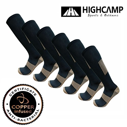 Copper Compression Knee High Recovery Support Socks- Best Copper Infused Fit Sock For Men and Women Running, Calf, Diabetic, Swelling, Shin Splints. Shoe Size 4 -7, Bag Pack 3 Pairs