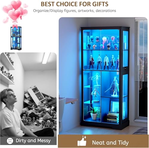 180 cm Display Cabinet with Glass Doors, Modern Curio Cabinet with 3 Color Lights, 7-Tiers Glass Display Cases for Collectibles, Tall Lego Storage Cabinet with Human Body Sensor (Black)