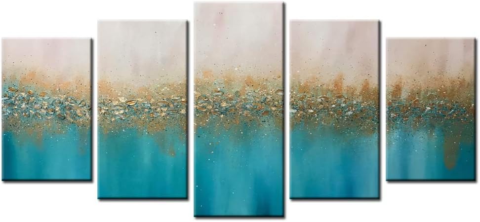 Nachic Wall - 5pcs Canvas Painting Wall Art Abstract Blue and Gold Beach Painting Landscape Giclee Print Contemporary Art Modern Home Living Room Wall Decoration Gallery Canvas Wrapped Easy Hanging