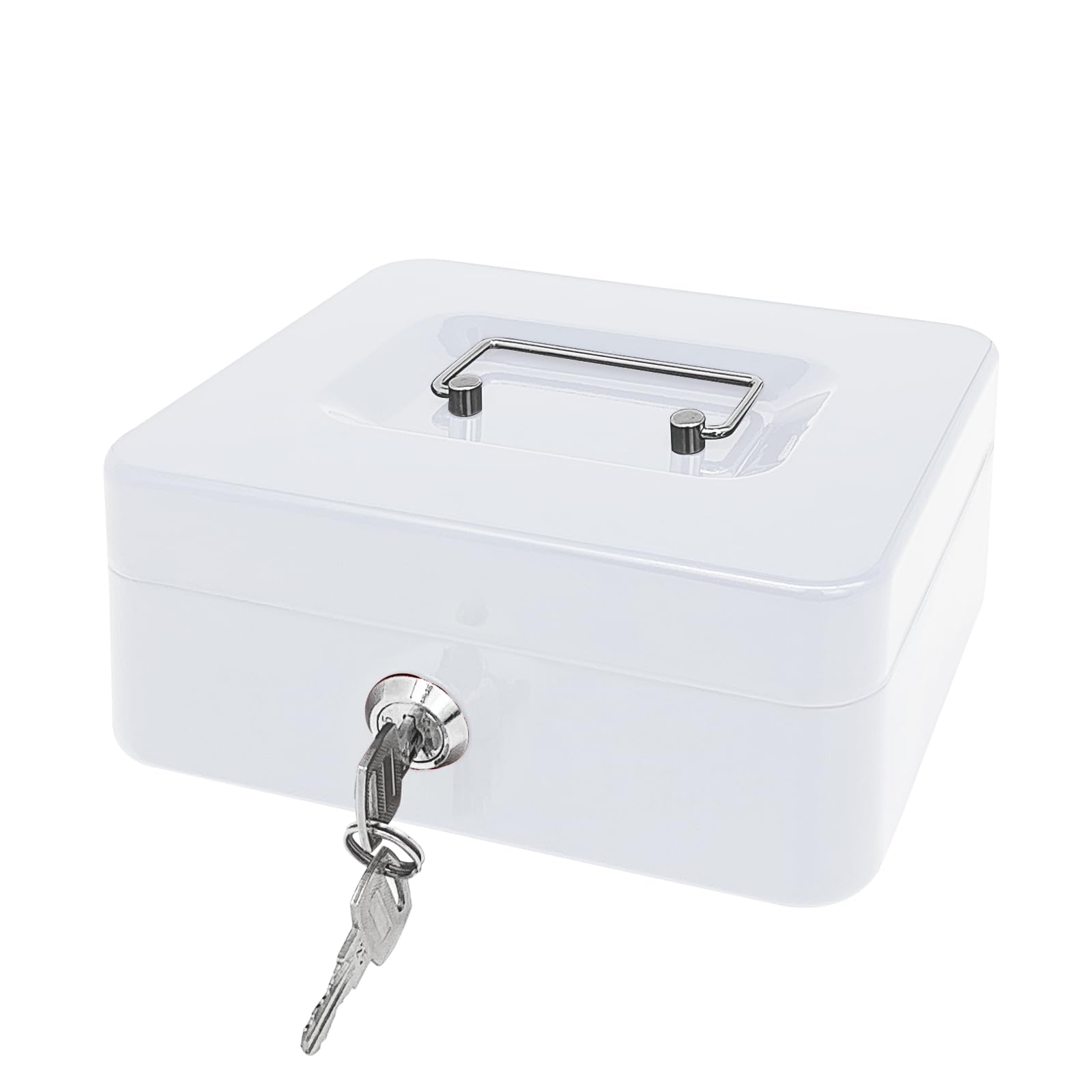 Steel Cash Box with Key Lock, Metal Small Money Organizer with Money Tray,Cash Storage Box with Lockable Cover (White-20 * 16 * 8.5 CM)