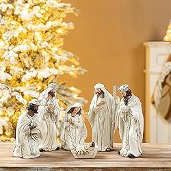 glitzhome 6Pcs Ivory Resin Nativity Figurines Sets