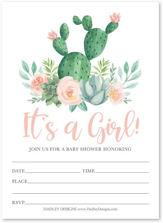 25 Pink Cactus Baby Shower Invitations, Sprinkle Invite for Girl, Coed Fiesta Gender Reveal Theme, Cute Desert Garden DIY Fill or Write in Blank Printable Card, Boho Green Succulent Party Supplies
