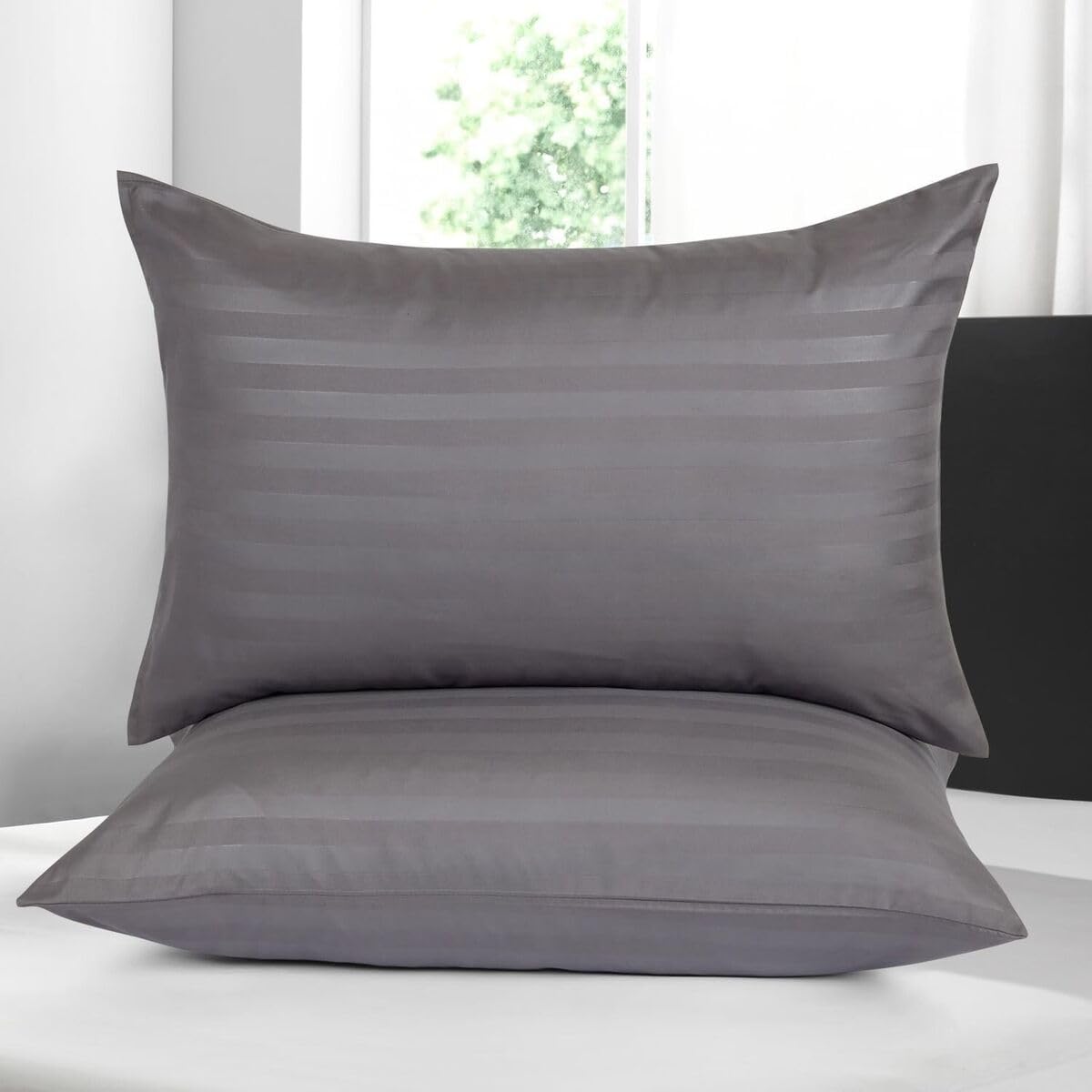 BedLooms Grey Pillow Cases 2 Pack - 100% Microfiber Envelope Closure Stripe Pillow Cases 50x75cm Premium Hotel Quality Anti Allergy Pillow Cover