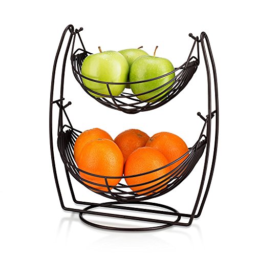 2 Tier Fruit Basket Double Hammock Kitchen Produce Storage Organizer Great Table Counter top Centerpiece Vegetables Rack Holder Swing Display Stand Pantry Countertop Fruits Metal Baskets Silver Chrome