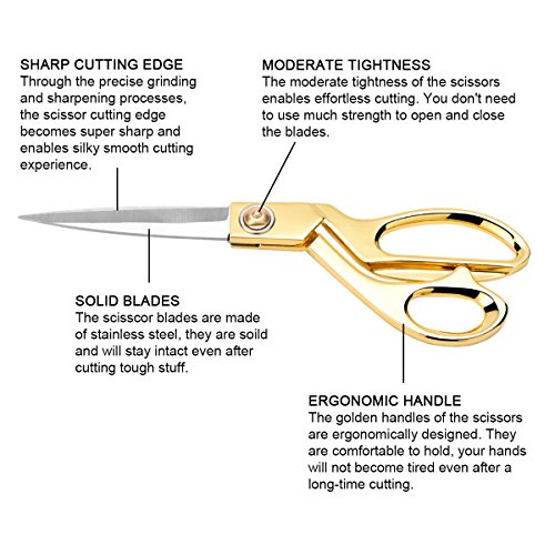 Fabric Scissors 9.5 inch Tailor Scissors + Thread Snips, AKUNSZ Dressmaking Scissors Dressmaker Shears Stainless Steel Gold Scissors for Fabric, Dressmaking, Sewing, Tailoring