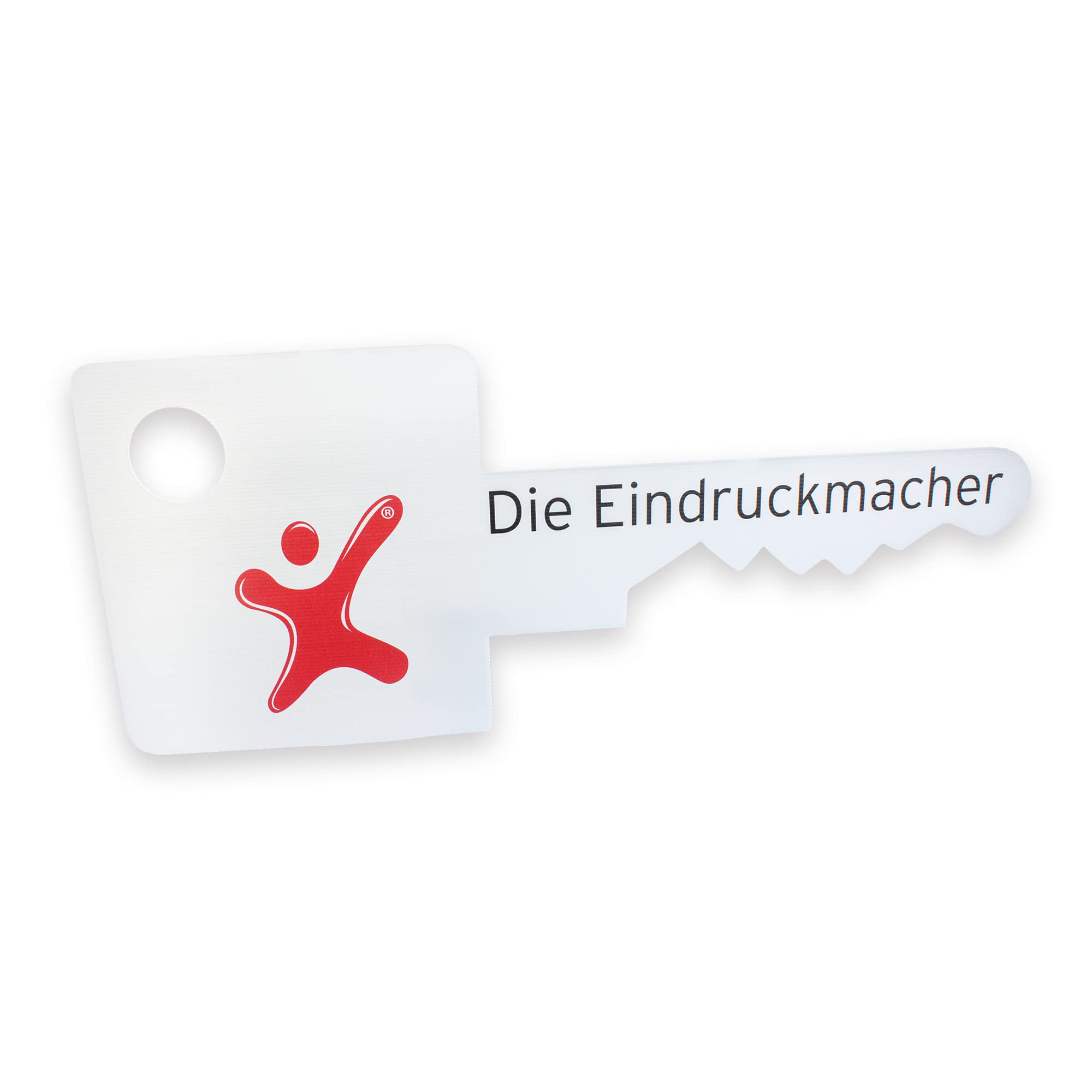 Übergabeschlüssel, symbolischer eckiger Zylinderschlüssel, auf 3 mm stabiler Hohlkammerplatte weiß, personalisiert mit Logo und Text bedruckt