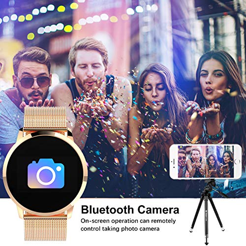 LANDYLO Fitness Tracker with Blood Pressure Monitor Smart Watch with Camera Touchscreen Waterproof Smartwatch Android iOS Heart Rate and Activity Tracking Birthday Gifts for Her His - Gold