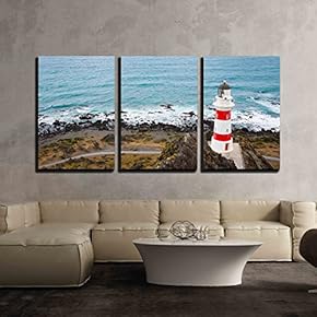 3 Piece Canvas Wall Art - Panorama of Ighthouse at Cape Palliser, North Island, New Zealand - Modern Home Art Stretched and Framed Ready to Hang - 16"x24"x3 Panels