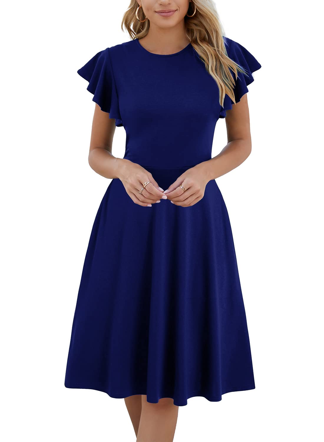 Photo 1 of **  BROKEN ZIPPER ** HELYO Semi Formal Dresses for Women Petite Wedding Guest Ruffle Sleeves V-Back Work A-Line Cocktail Dress with Pockets 842 Royal Blue S