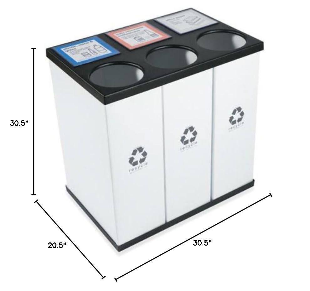 RecycleBoxBin Triple Recycling Bin: 25 Gal Each, Lightweight Plastic, Customizable Labels for Home, Office & School