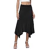 NILOUFO Womens Flowy High Waisted Midi Skirt, Asymmetrical Handkerchief Hem A-Line Summer Lightweight Skirts