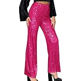 ODIZLI Womens Wide Leg Sparkle Sequin Pants Elastic High Waisted Bling Glitter Dance Pants