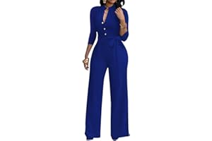 LALALIN Sexy 3/4 Sleeve Jumpsuit for Women V Neck High Waisted Long Wide Leg Pant Button Down Party Romper with Belt