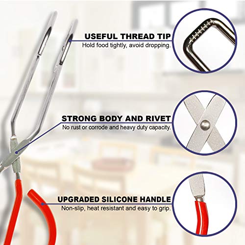 Premium Stainless Steel Scissor Tongs Extra Long With Red Silicone Handle by Okey Kitchen, Great Scissors Tongs For Kitchen, Food, Cooking, Baking & BBQ (10")