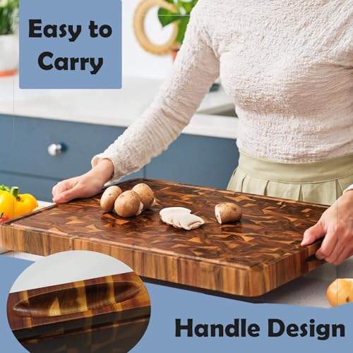 Tabla para picar cocina de madera 40 × 30 × 3 cm, con canal para jugos y asa, ideal para carne, verduras y frutas, diseño a cuadros, madera natural y dura, fácil de limpiar