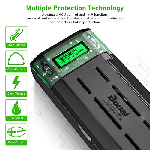 BONAI LCD Rechargeable Battery Charger For C, D, AA, AAA Battery (Ni-Mh or Ni-Cd) and 9V Battery (Ni-Mh or Li-ion) - LCD Universal Battery Charger With Discharge Function [Black]