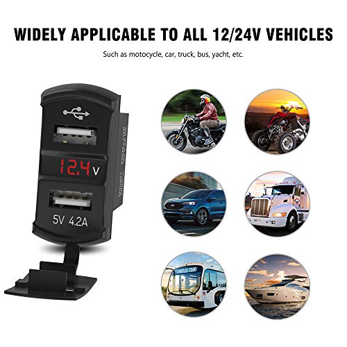 12V/24V USB Charger Socket Rocker Switch Dual USB Car Power Outlet with Red LED Voltmeter Marine Cigarette Lighter Adapter Waterproof 4.2A Fast Charge for Boat Motorcycle ATV RV Truck