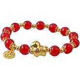 QRH Chinese New Year of The Horse Natural Stone Bracelets Multi-colored Horse Stone Beaded Stretch Bracelet Gold Zodiac Horses Good Luck Amulet Blessing New Year Bracelet Gifts